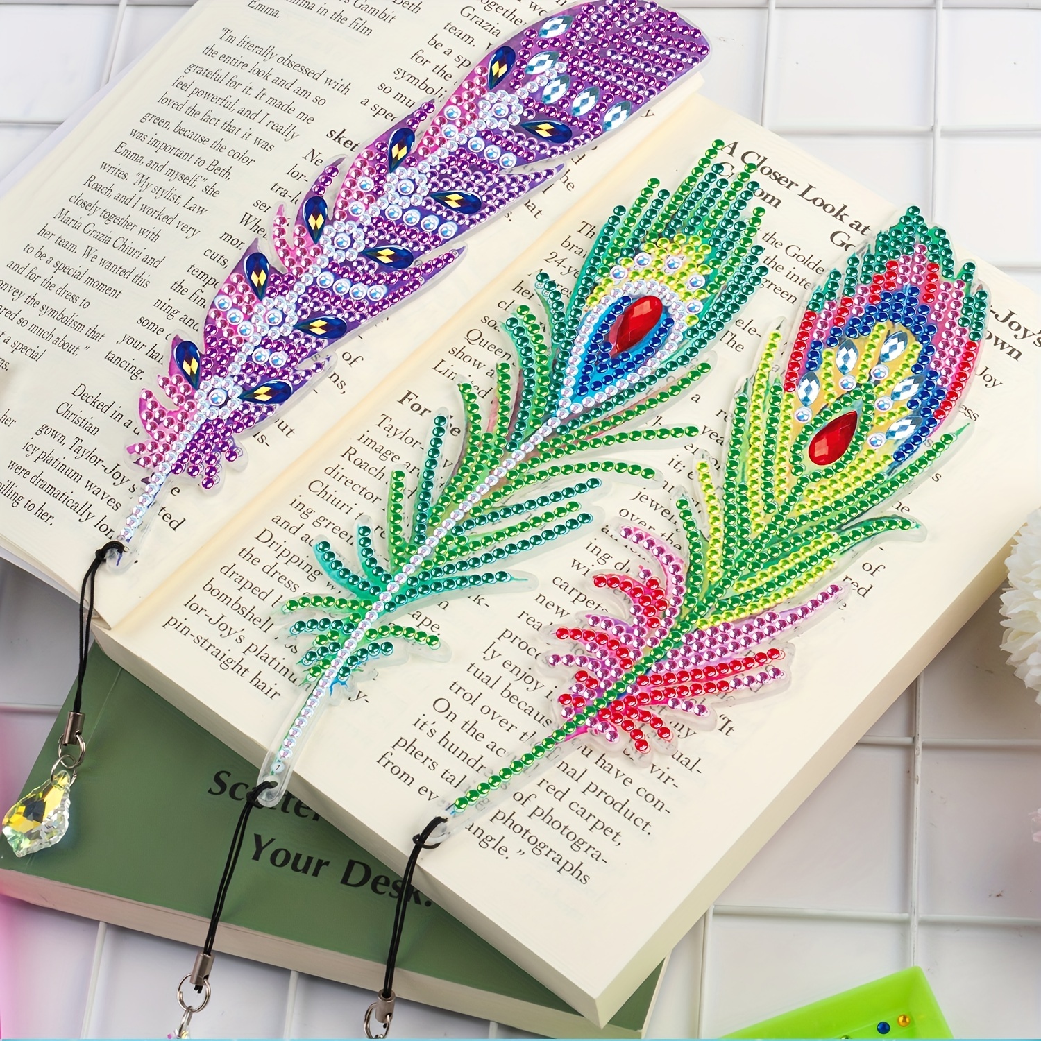 6pcs DIY Feather Diamond Painting Bookmarks with Crystal Pendant (SQ204)