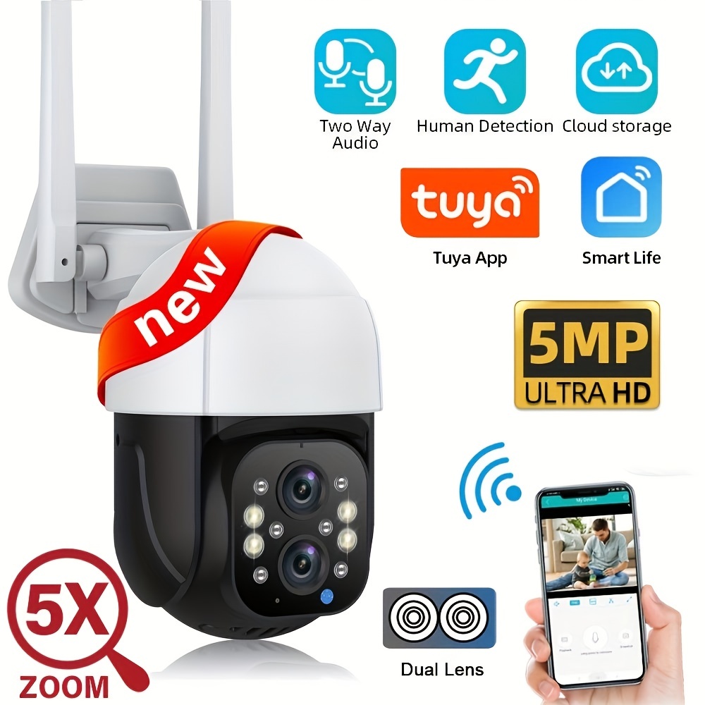 Tuya Smart Home Humanoid Detection 5MP IP Camera WiFi Security CCTV Camera Dual-Lens 5X Zoom IP66 Outdoor Surveillance Camera