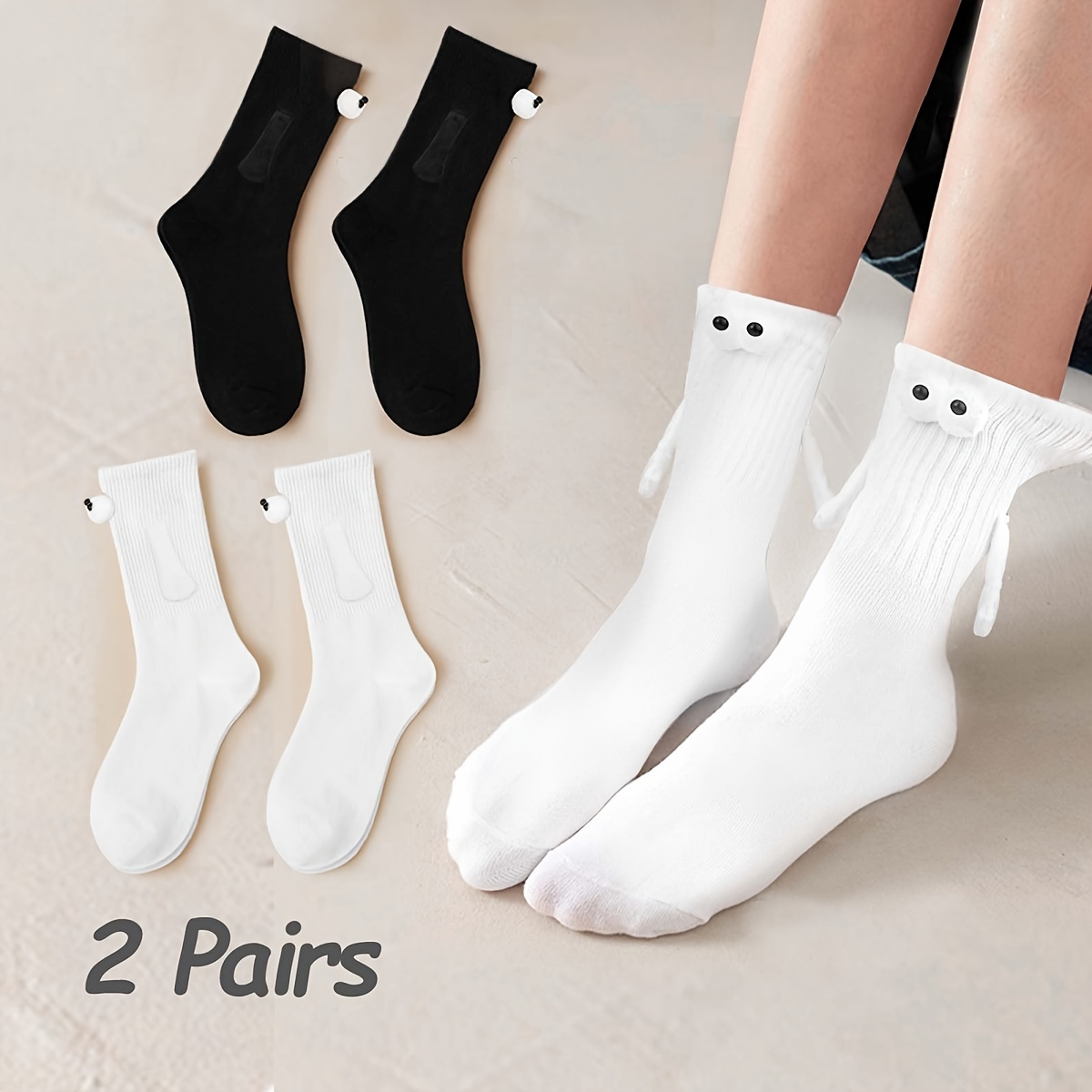 2 pares de calcetines tomados de la mano para parejas, calcetines de tubo  mediano, calcetines divertidos magnéticos tridimensionales 3D