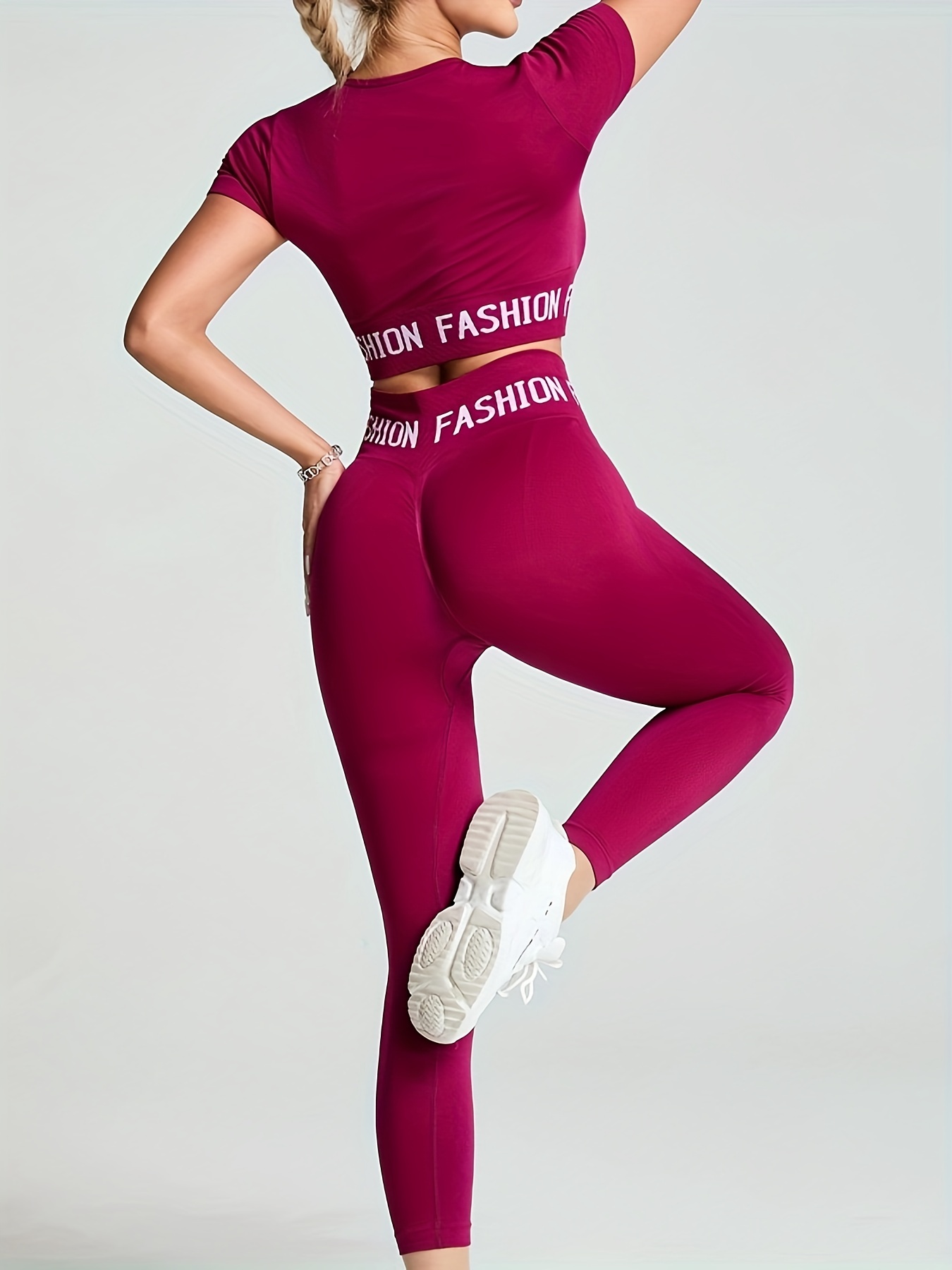 Solid Color Letter Printed Tight Short Sleeve Leggings Set - Temu Canada