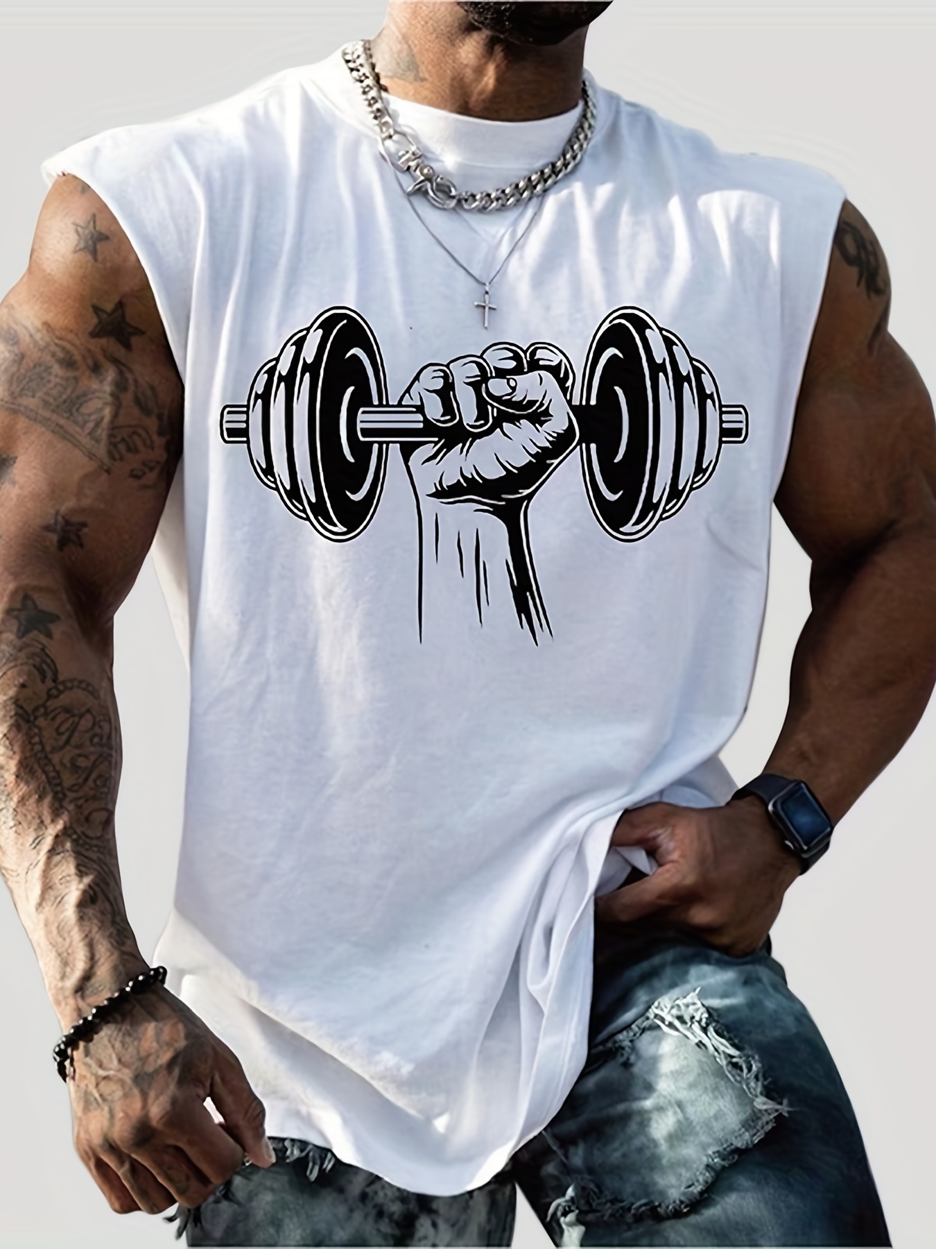 dumbbell print, men's graphic design tank top, casual comfy vest sleeveless shirts for summer, men's clothing top mixed color 0