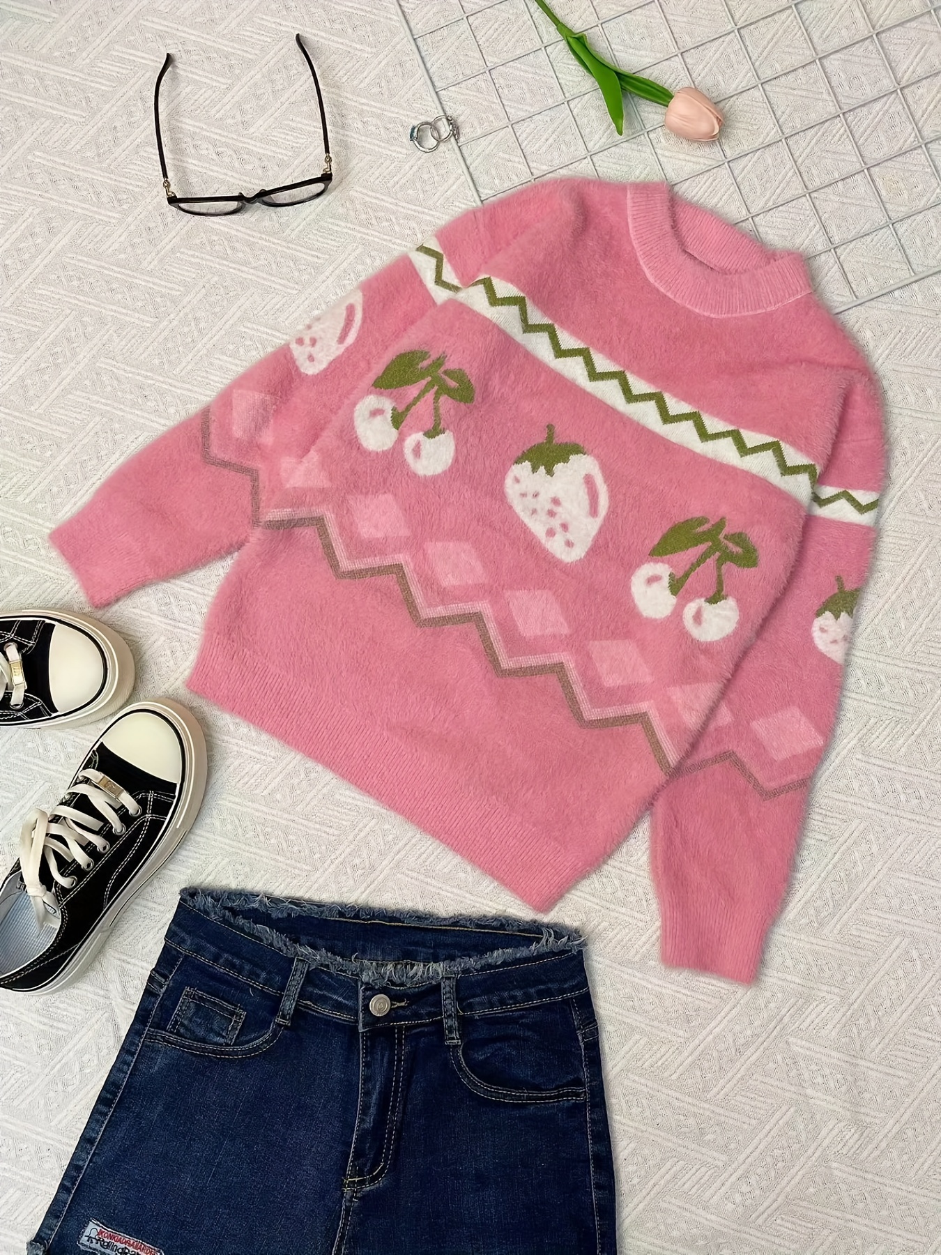 Jacquard-knit Sweater - Cream/Hello Kitty - Ladies