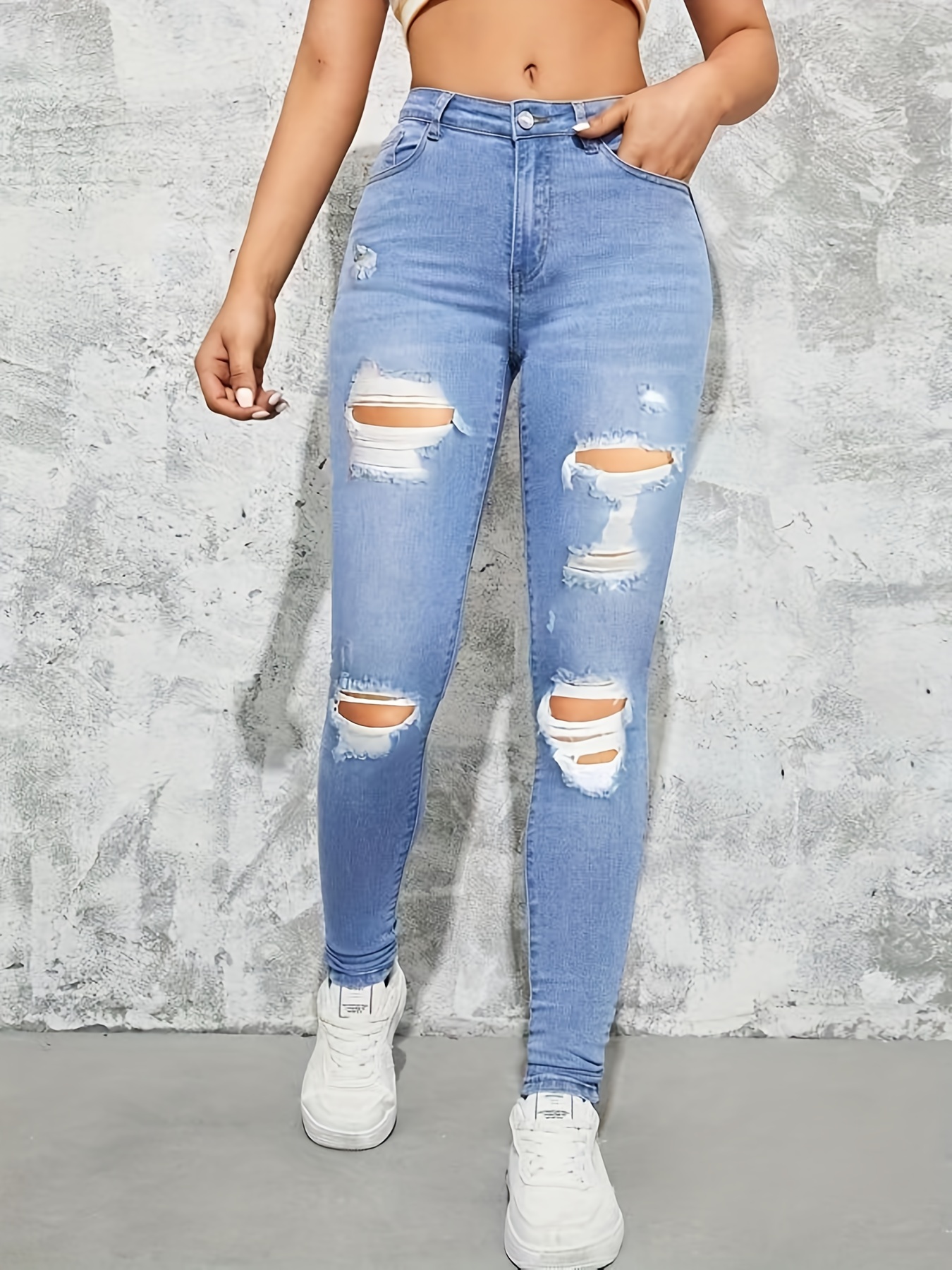 Ripped High Rise Skinny Jeans, Light Washed Blue Stretchy Sexy Distressed  Curvy Denim Pants, Women's Denim Jeans & Clothing