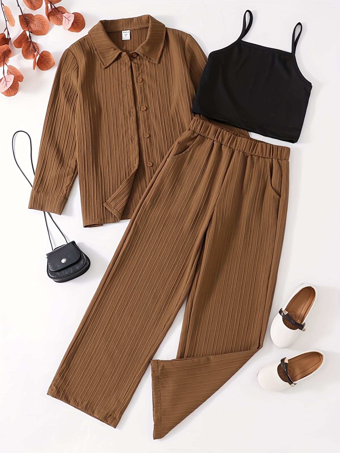 Girl's Trendy Brown Outfit Textured Shirt Cami Top Wide Leg - Temu