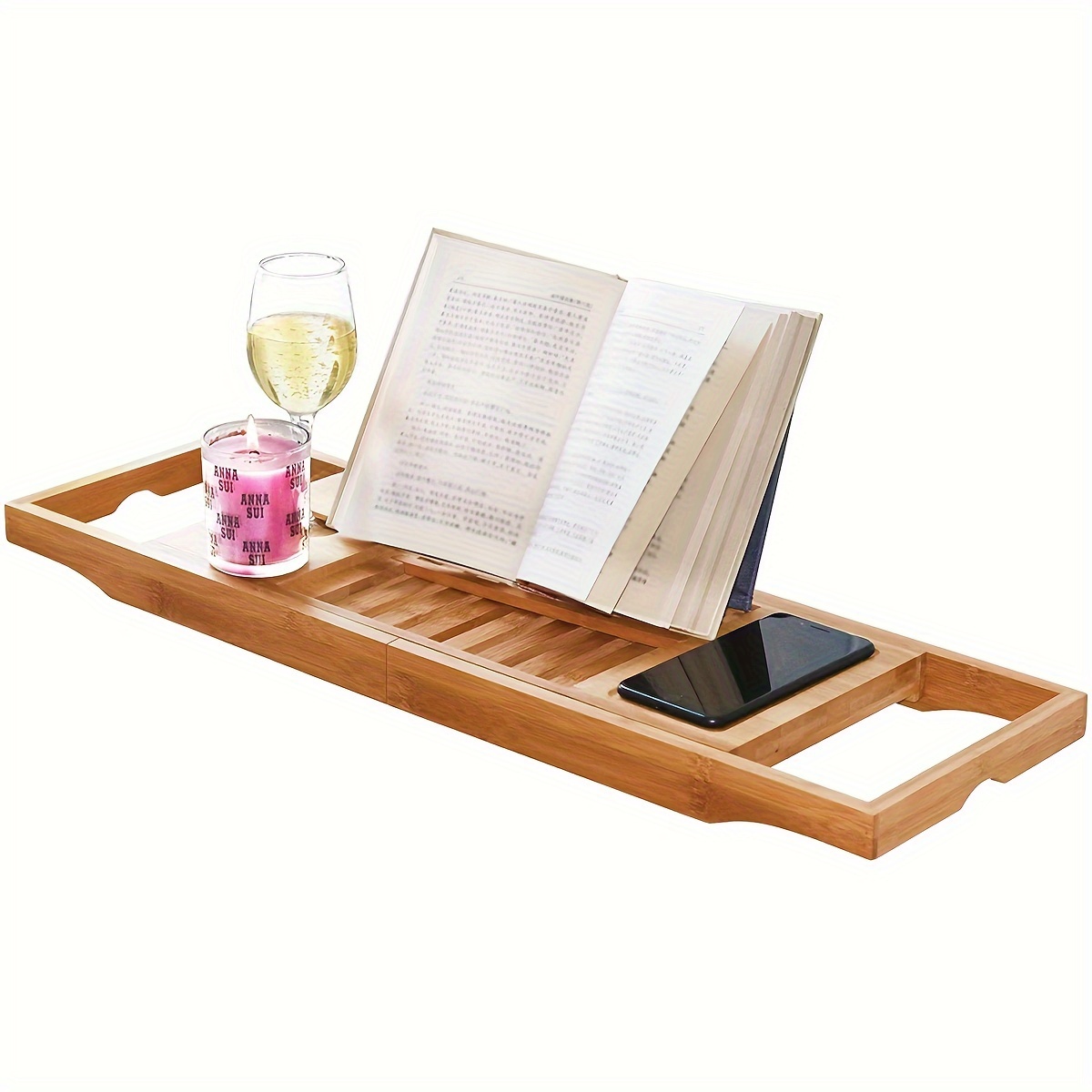 Luxury Bamboo Bathtub Caddy Tray, Expandable Sides Bath Caddy Tray (Book,  Wine, Glass, Cell Phone Holder) 