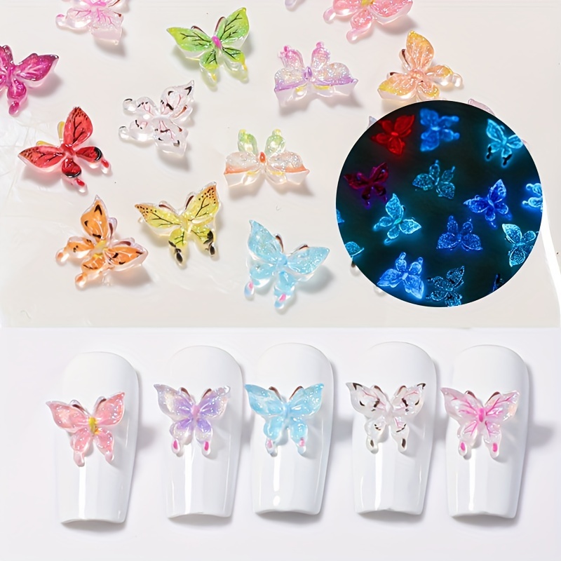 

20 Pcs Multi-color Glow-in-the-dark 3d Butterfly Nail Art Charm Accessories For Girls - Essential Nail Decorations For Dark Settings