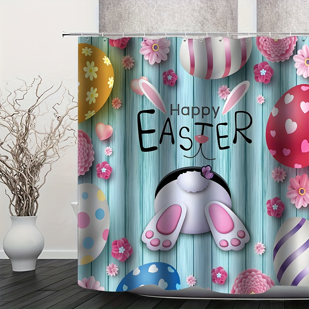 4pcs Egg Bunny Pattern Shower Curtain Set, Waterproof Shower Curtain With  12 Hooks, Non-Slip Bathroom Rug, Toilet U-Shape Mat, Toilet Lid Cover Pad, B