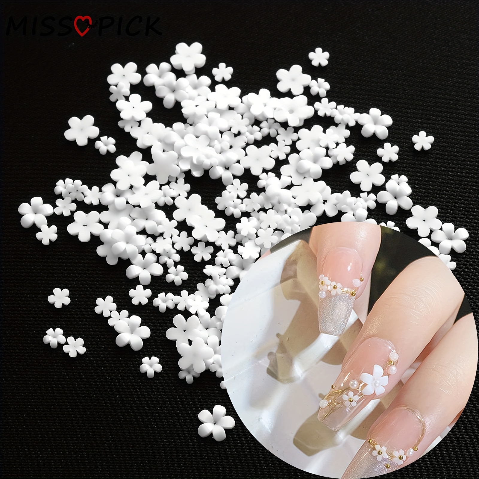 3d Flower Nail Art Charms White Flowers With Golden Caviar - Temu
