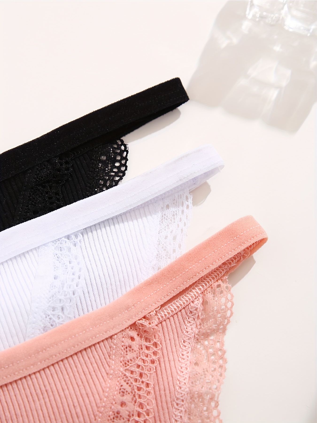 3pcs Contrast Lace Briefs, Soft & Comfy Scallop Trim Ribbed Panties,  Women's Lingerie & Underwear