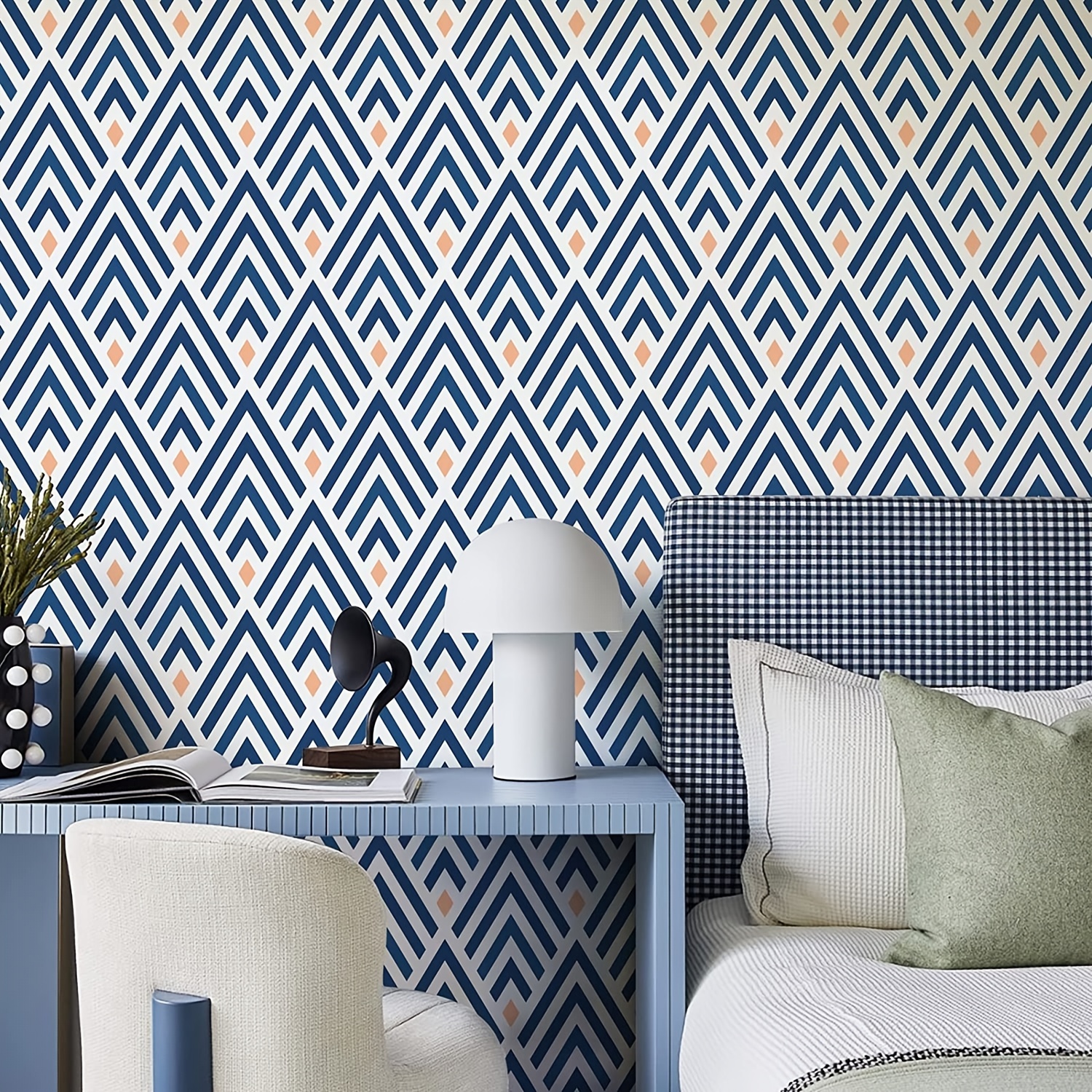 Timeet Peel and Stick Wallpaper Blue Gold Contact Paper Geometric
