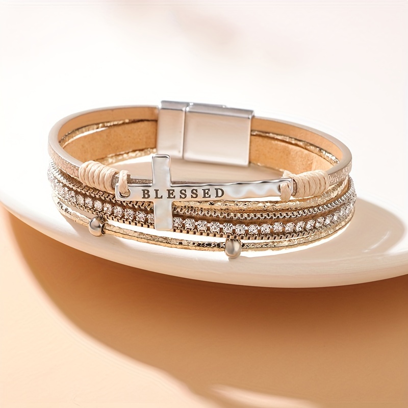 

1pc Boho Style Pu Leather Multi Layers Bangle Bracelet Inlaid Shiny Rhinestone Elegant Hand Jewelry