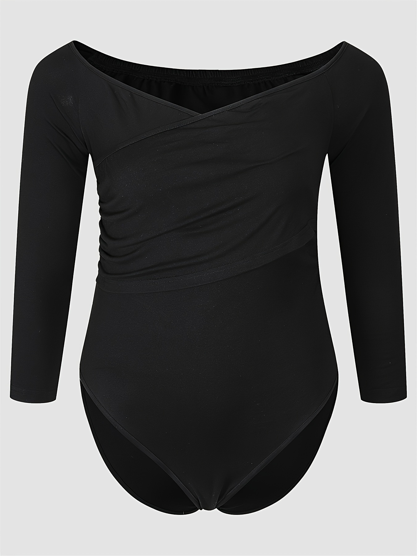 Solid Crew Neck Long Sleeve Stretchy Bodysuit Mature Sexy - Temu