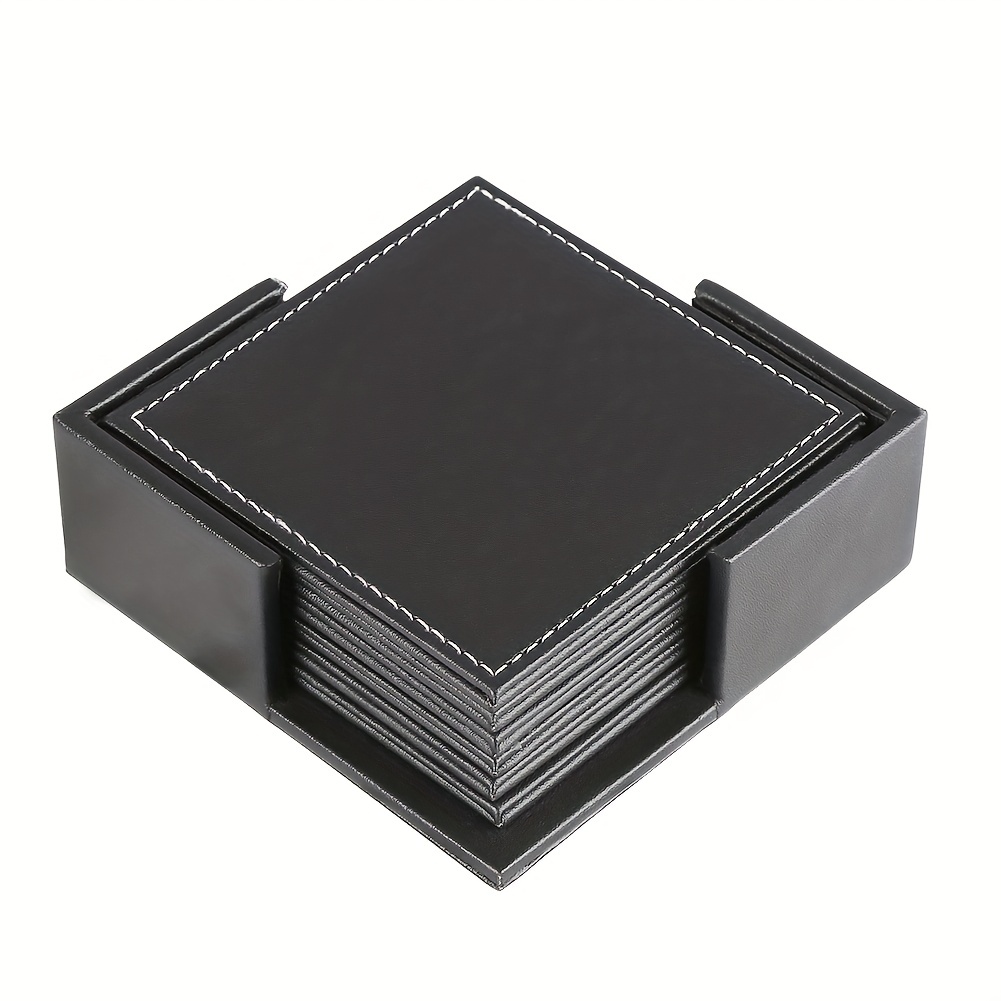 Black Square Coaster Set, Pu Leather Heat-resistant Coasters