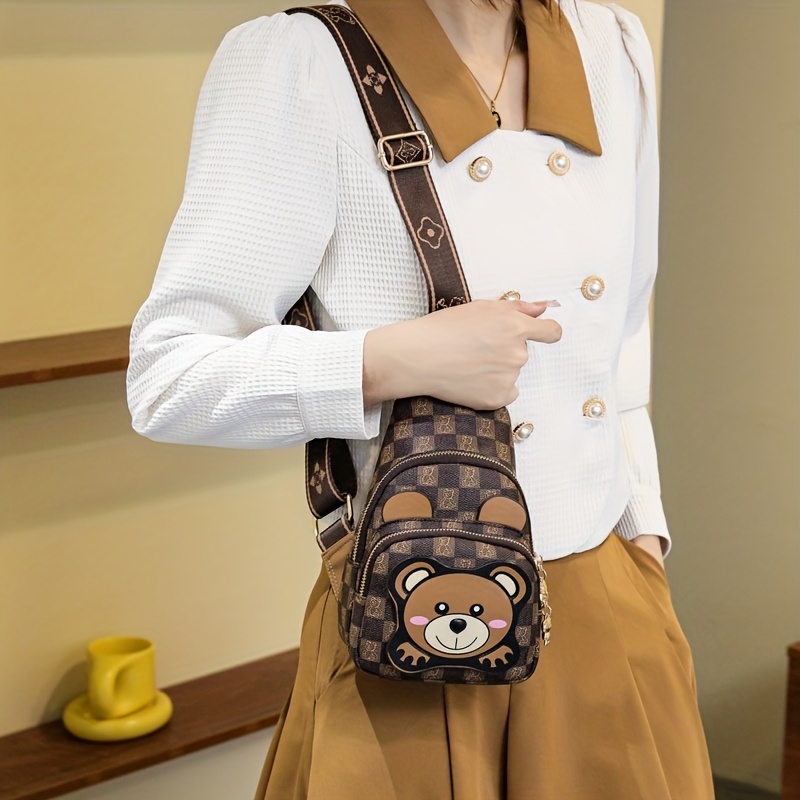 Vintage Geometric Print Chest Bag, Cute Bear Pattern Crossbody Bag, Women's  Casual Sling Bag & Purse