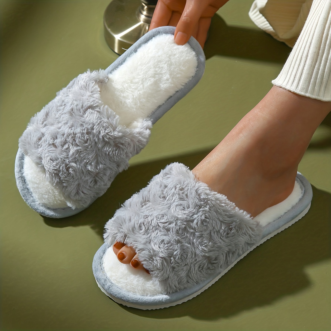 womens fluffy slippers cozy open toe solid color Temu United Kingdom
