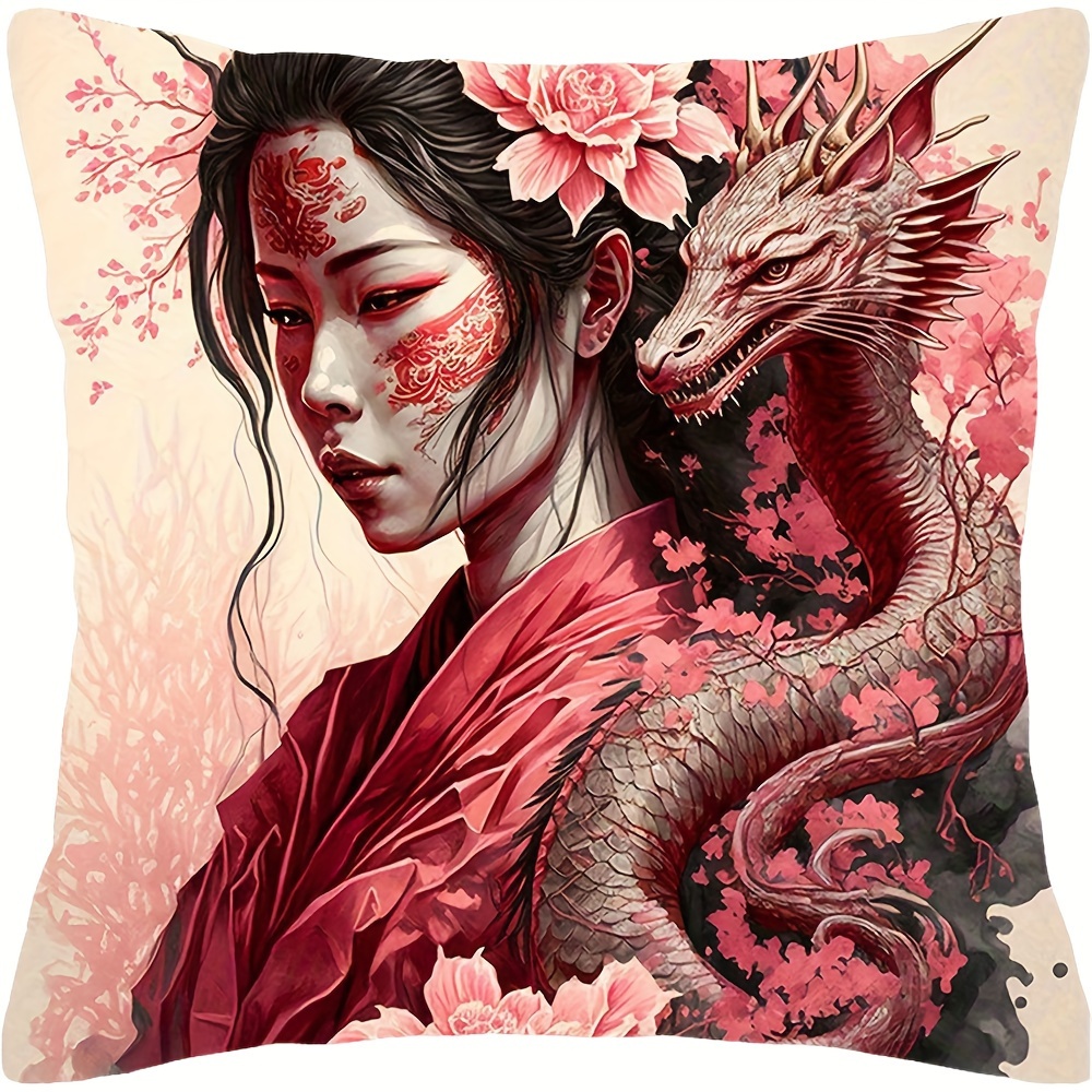 

1pc Pillow Japanese Sakura Dragon Decorative Cushion - Perfect Gift For Home Decor And Parties (cushion Is Not Included) 18x18in