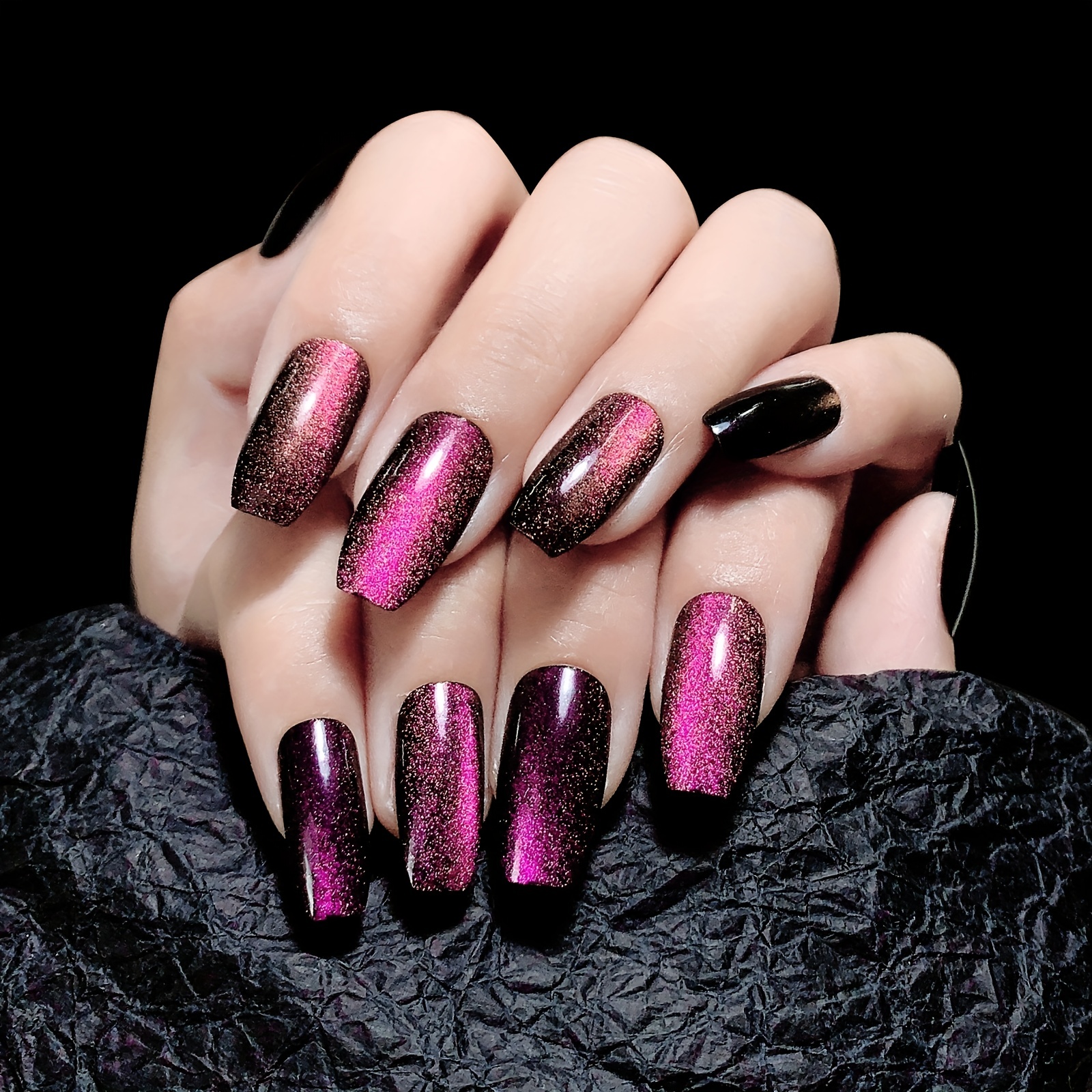 Handmade Reflective Glitter Cat Eye Press On Nails, Medium Coffin Full  Cover Purple * Nails For Women And Girls