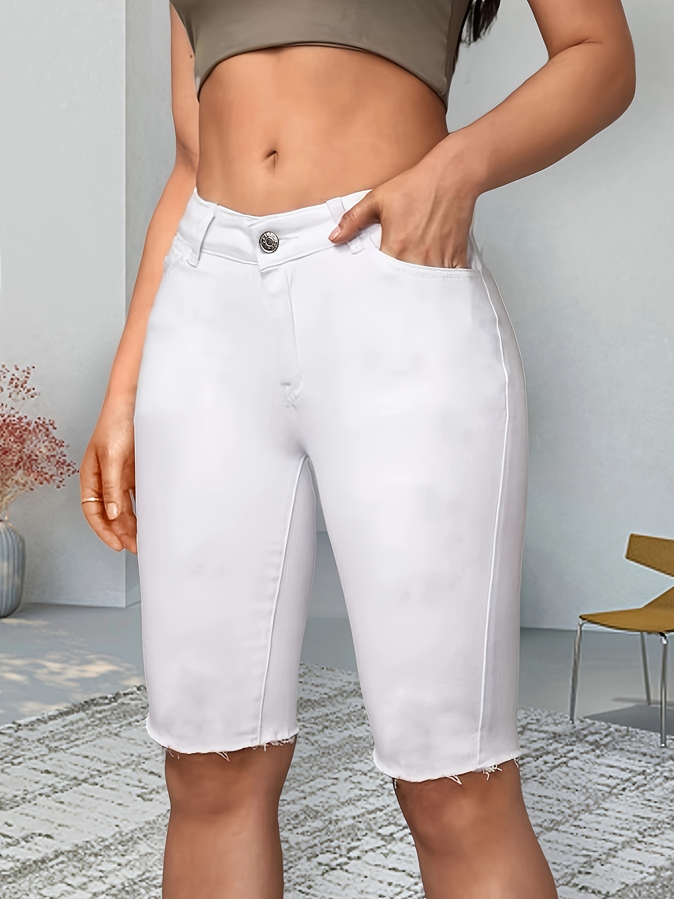 White * Cut Bermuda Denim Shorts, Slim Fit Slant Pockets High Stretch Denim  Jorts, Women's Denim Jeans & Clothing