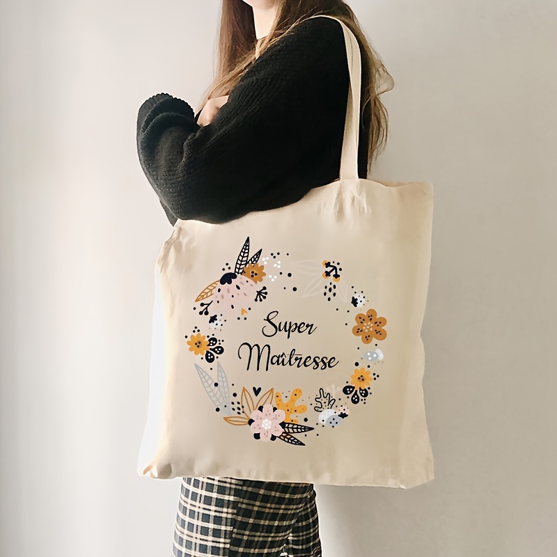 

1 Pc Super Maîtresse Floral Pattern Tote Bag Best Gift For Maitre Large Capacity Canvas Shoulder Bag For Travel Daily Commute Women's Reusable Shopping Bag Trendy Folding Shoulder Bag