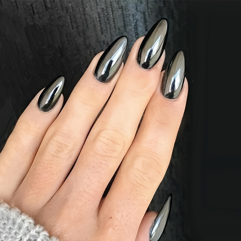 

Shiny Punk Style Metallic Solid Color Press On False Nails Chrome Fake Nails Metal Plating Acrylic Medium Long Almond Reflective Mirror Nail Art Tips 24pcs, 4 Colors Optional