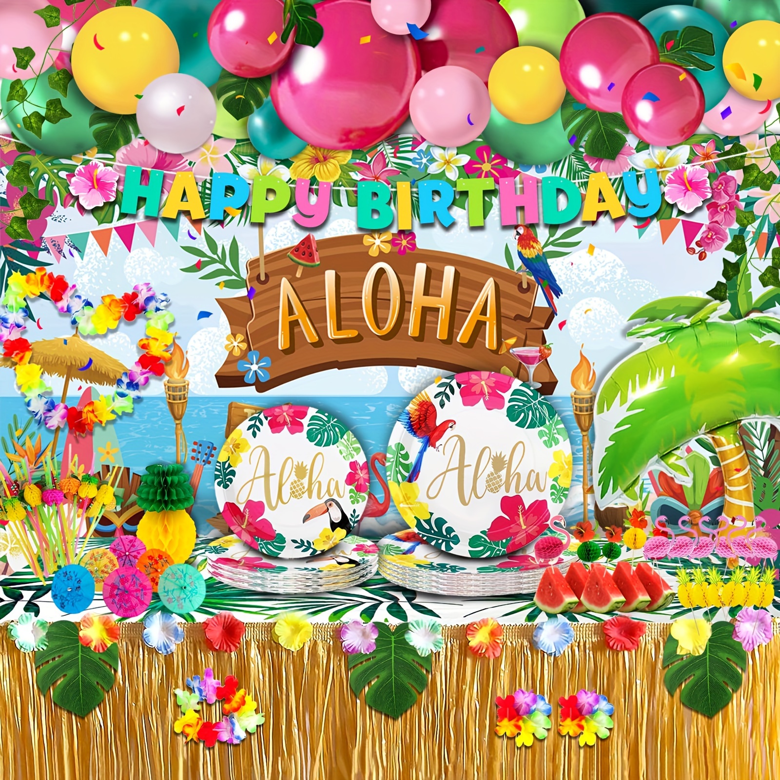 137PCS Hawaiian Luau Party Decoration Decor Supplies Beach Theme Party  Aloha Tablecloth Balloon Set Birthday Banner Supplies Décors