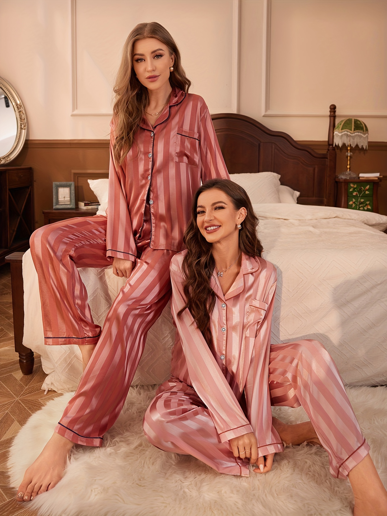 Striped Satin Pajama Set Long Sleeve Buttons Top Elastic - Temu Canada
