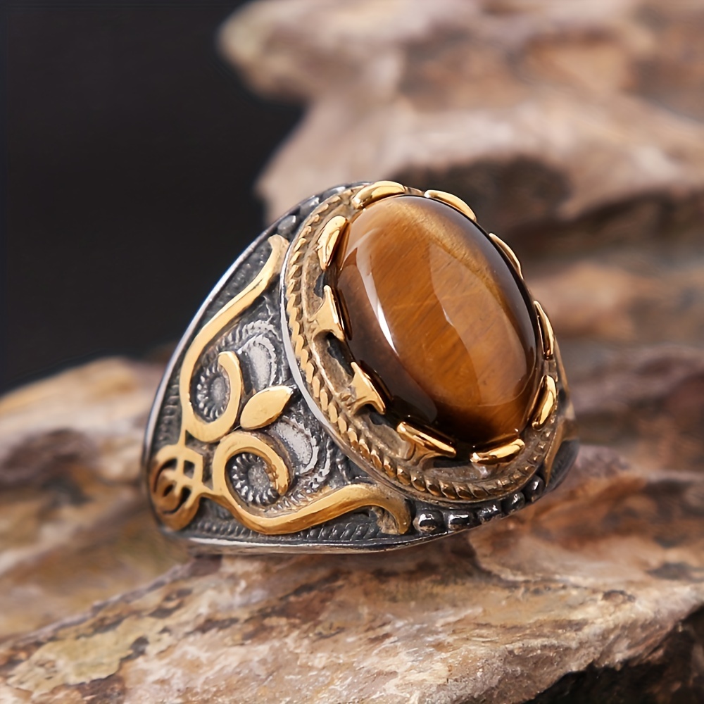 Mens carved tiger sales eye ring