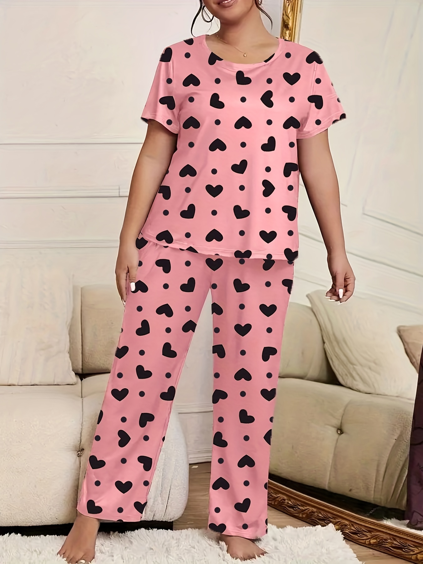 Plus Leopard Print Polka Dot Lace Trim Camisole & Pants Pajama Set