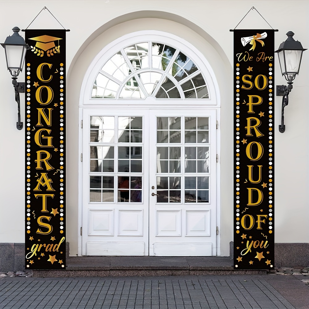 

1pair Graduation Porch Party Decorations, Polyester Black And Gold Background Congrats Grad Banner Class Of 2024 College Graduates Front Door Hanging Graduation Party Favor Supplies For Outdoor Indoor