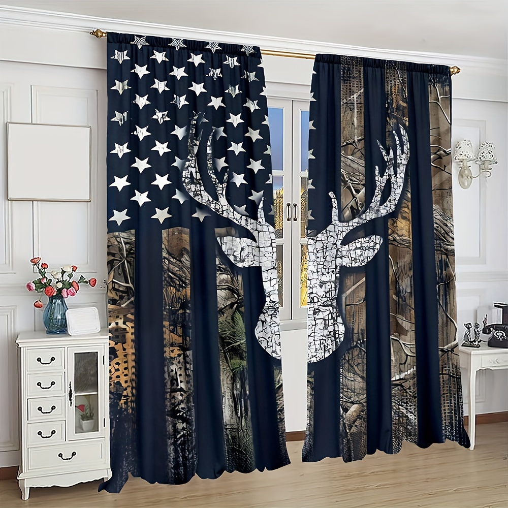 2pc Independence Day Deer Forest American Flag Print Curtaim Rod Pocket Installation Digital Printing Curtains Polyester Material Suitable For Li