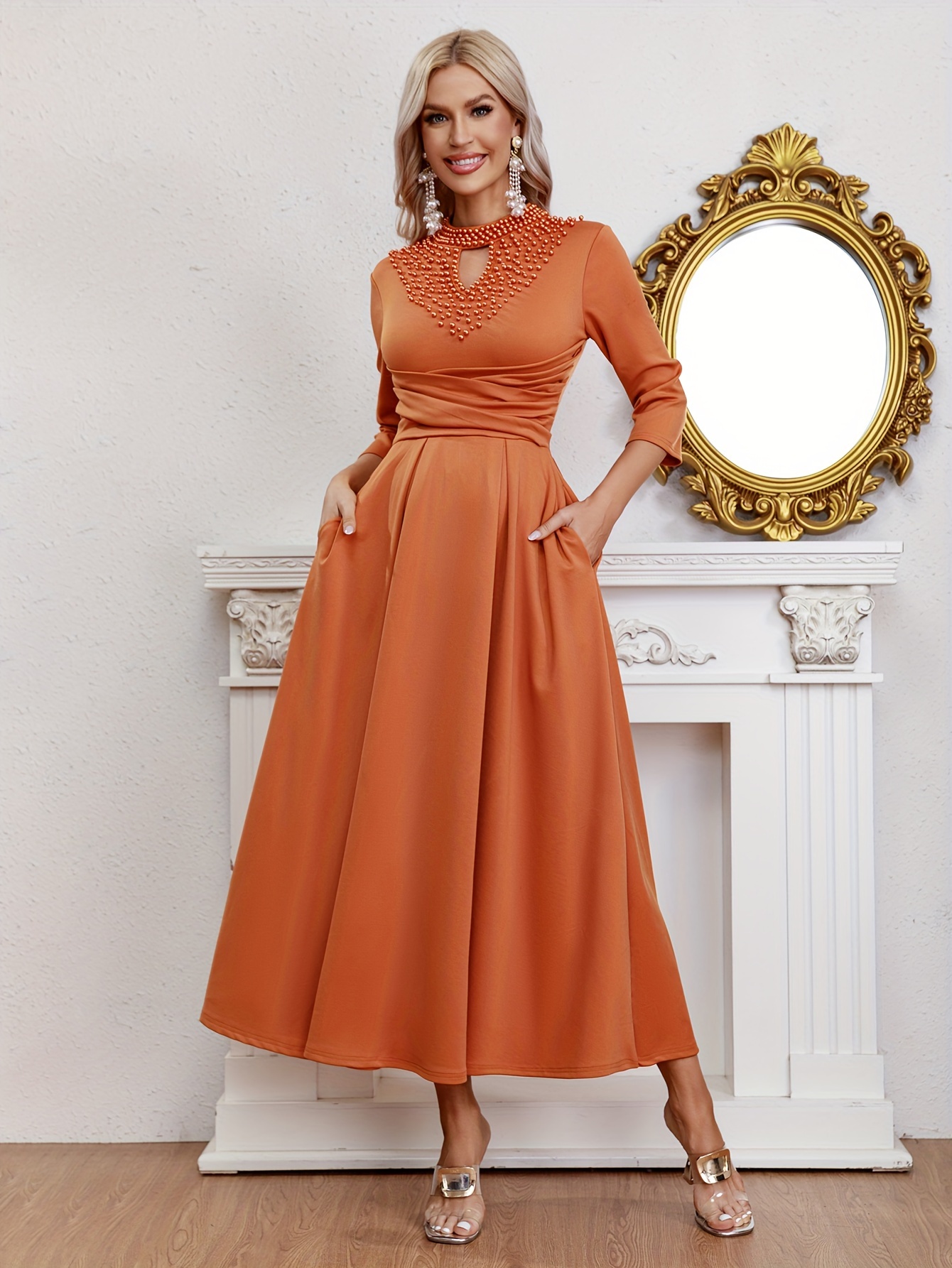 a line solid color dress elegant 3 4 sleeve dress for party banquet womens clothing