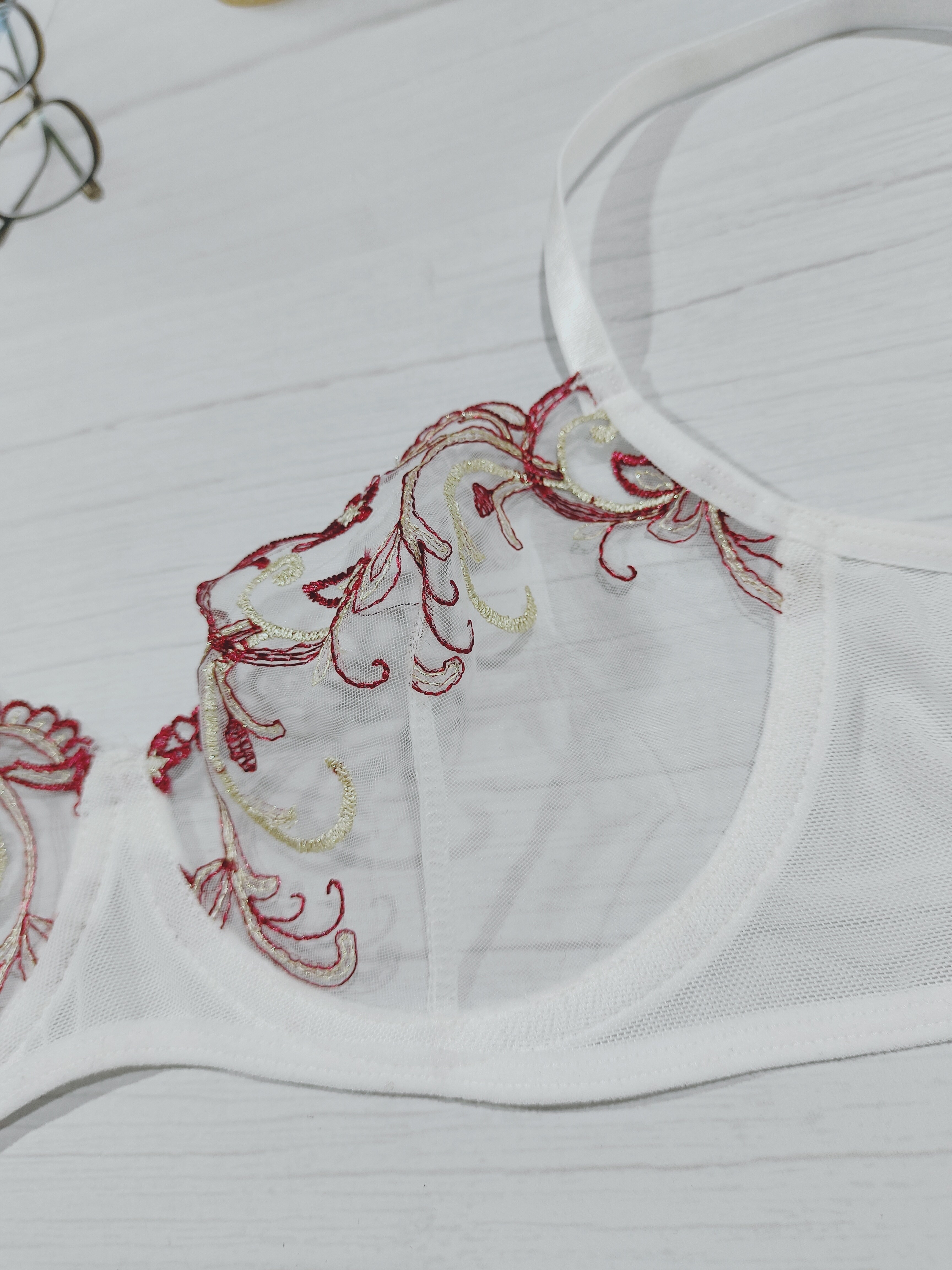 Romantic Floral Embroidery Lingerie Set Sheer Bra Mesh Thong - Temu Canada