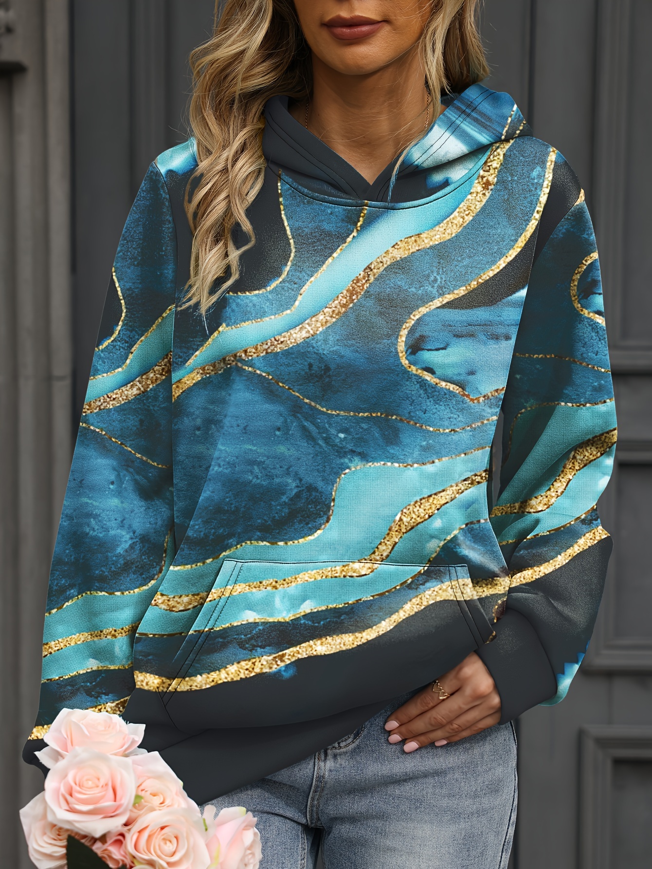 Casual Sweatshirt Women's Plus Marble Print Long Sleeve - Temu