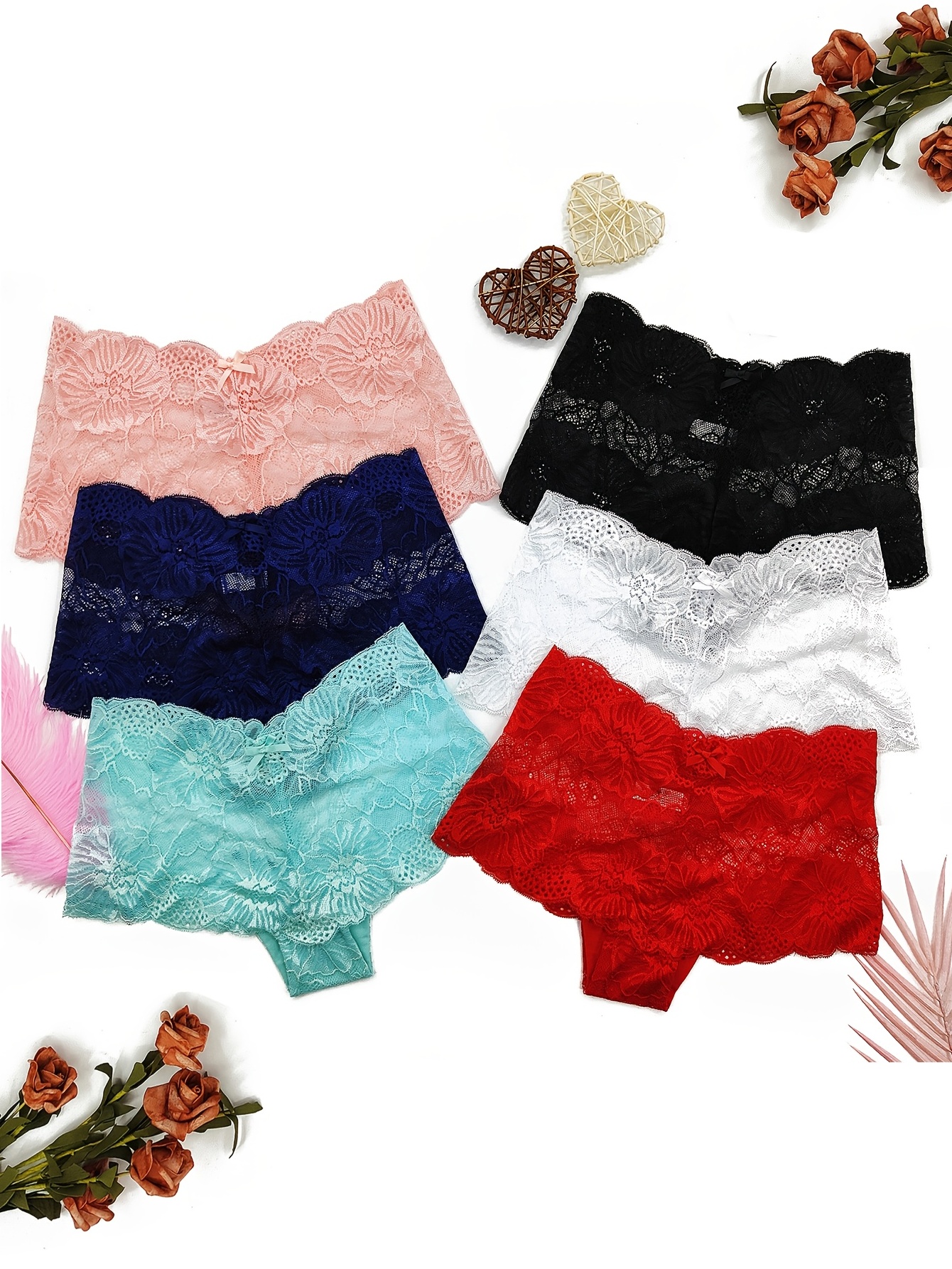 6 Pcs Women's Contrast Color Floral Lace Trim Cheeky Panties, Semi-Sheer  Floral Lace Thong Panties with Bow Tie, Women's Lingerie & Underwear