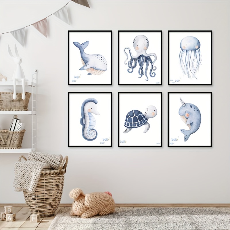6pcs Under the Sea Nursery Decor Canvas Wall Art - Turtles * Jellyfish, and  Whales - Sea Life Baby Nursery Decor for Living Room and Bedroom