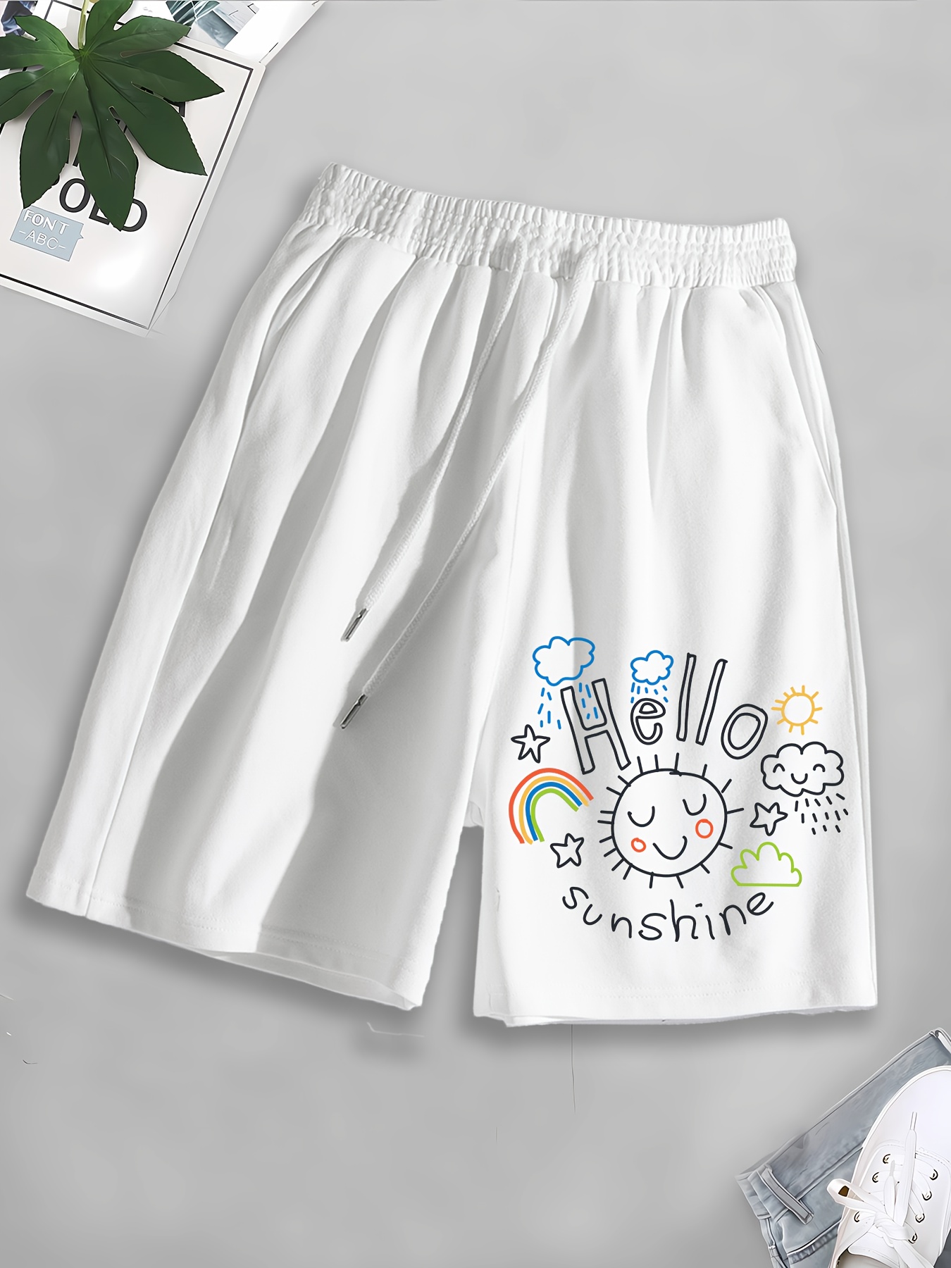 Olá Sunshine Print Shorts Masculinos Com Cordão, Shorts Casuais