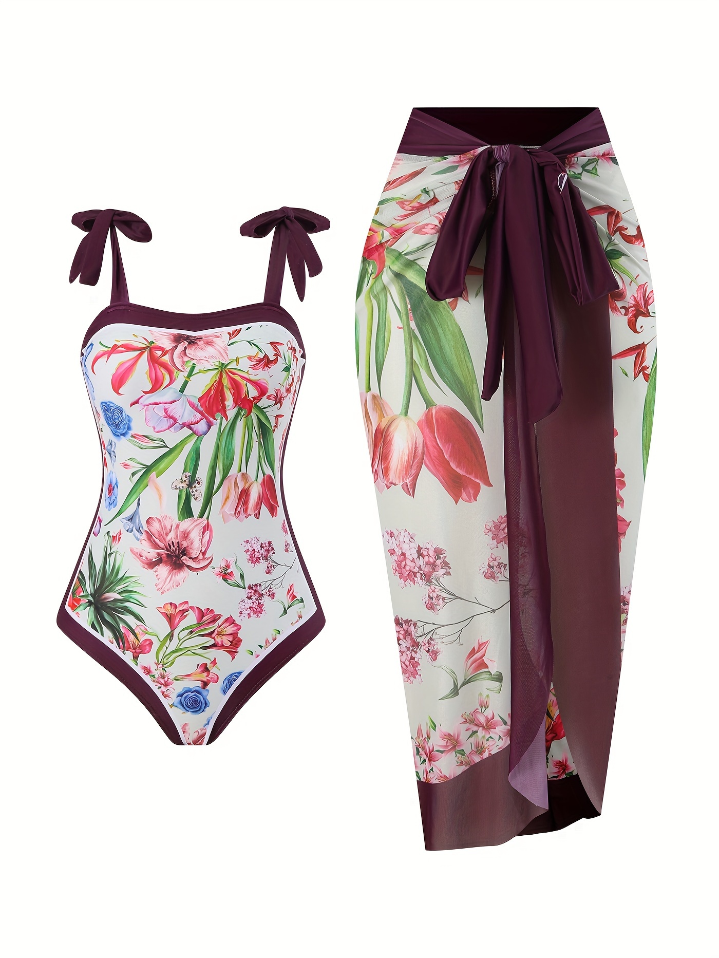Elegant Floral Print Purple Swimsuits Tie Shoulder High - Temu