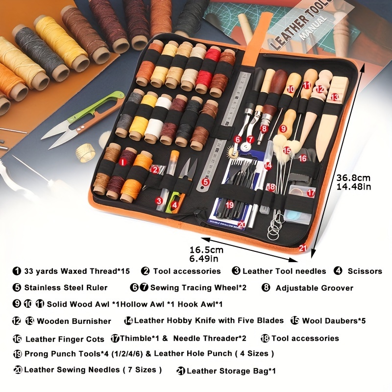 50 piezas de herramientas de trabajo de cuero y suministros con caja de  herramientas de extremo punción de cuero biselador cuerdas de cera agujas