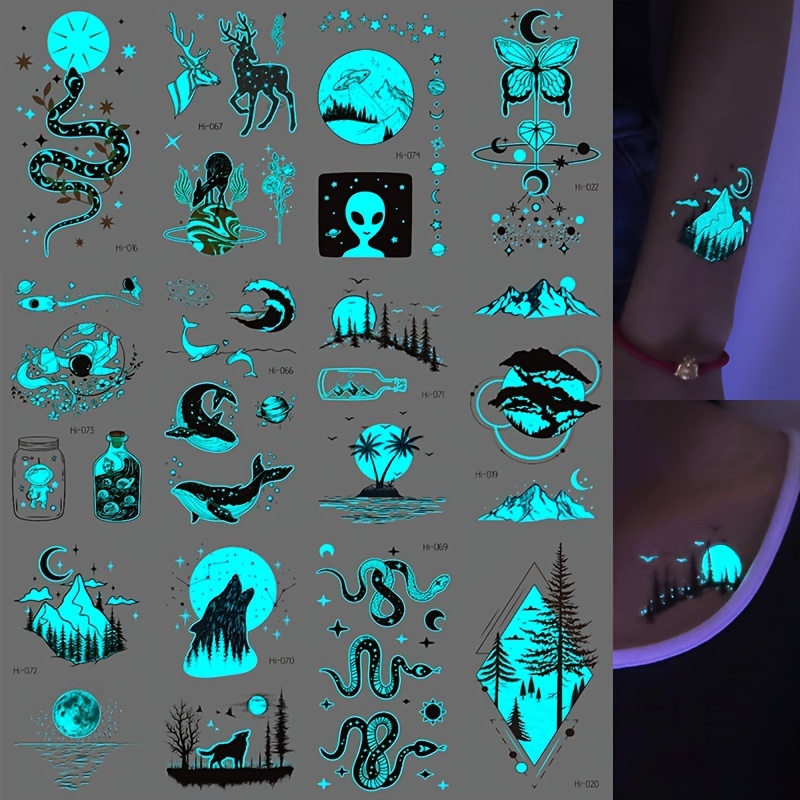 glow in the dark temporary tattoos 16 sheets of blue luminous adventure waterproof stickers for adults featuring mountains rivers wolves whales planets moon stars perfect for music festivals parties details 1