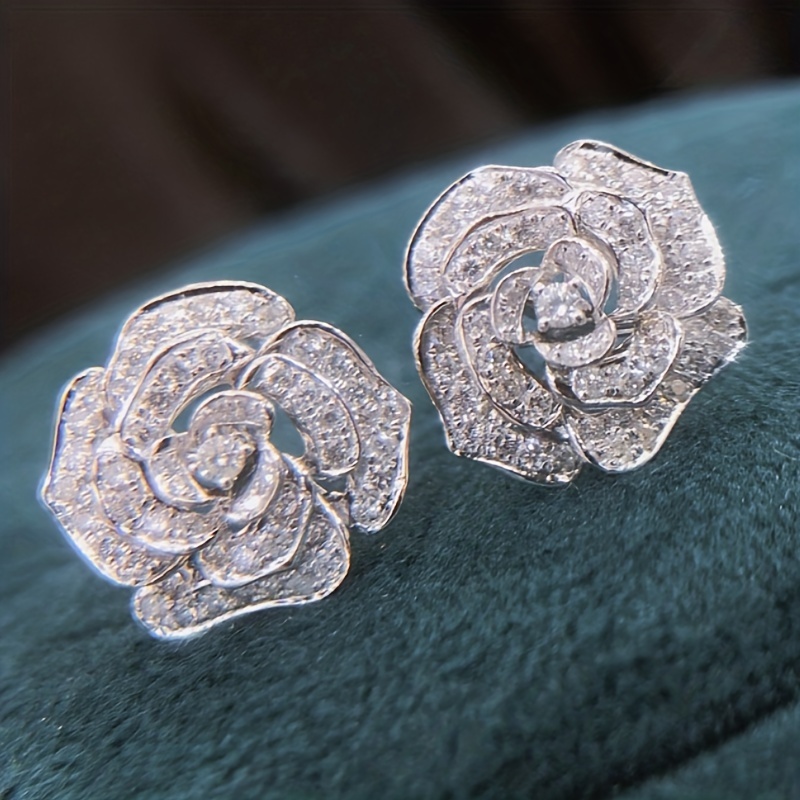 

Pretty Rose Shaped Stud Earrings Full Of Zircon Elegant Luxury Style For Women Party Wedding Ear Ornaments