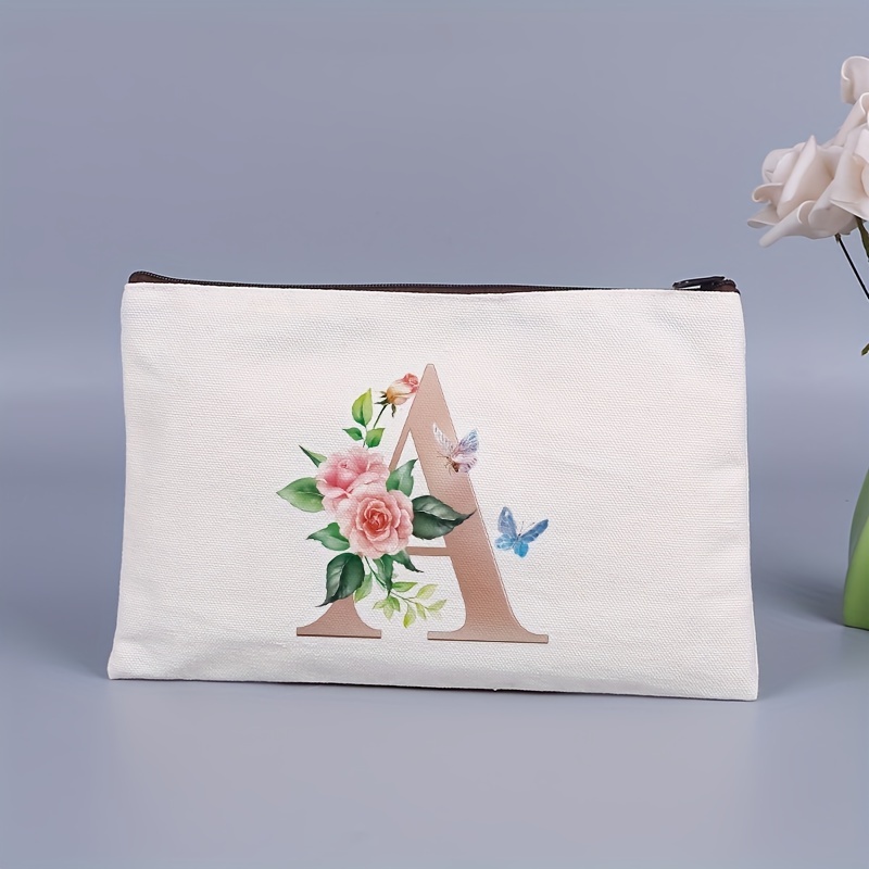 Rose Letter Printed Cosmetic Bag Canvas Makeup Pouch Lightweight