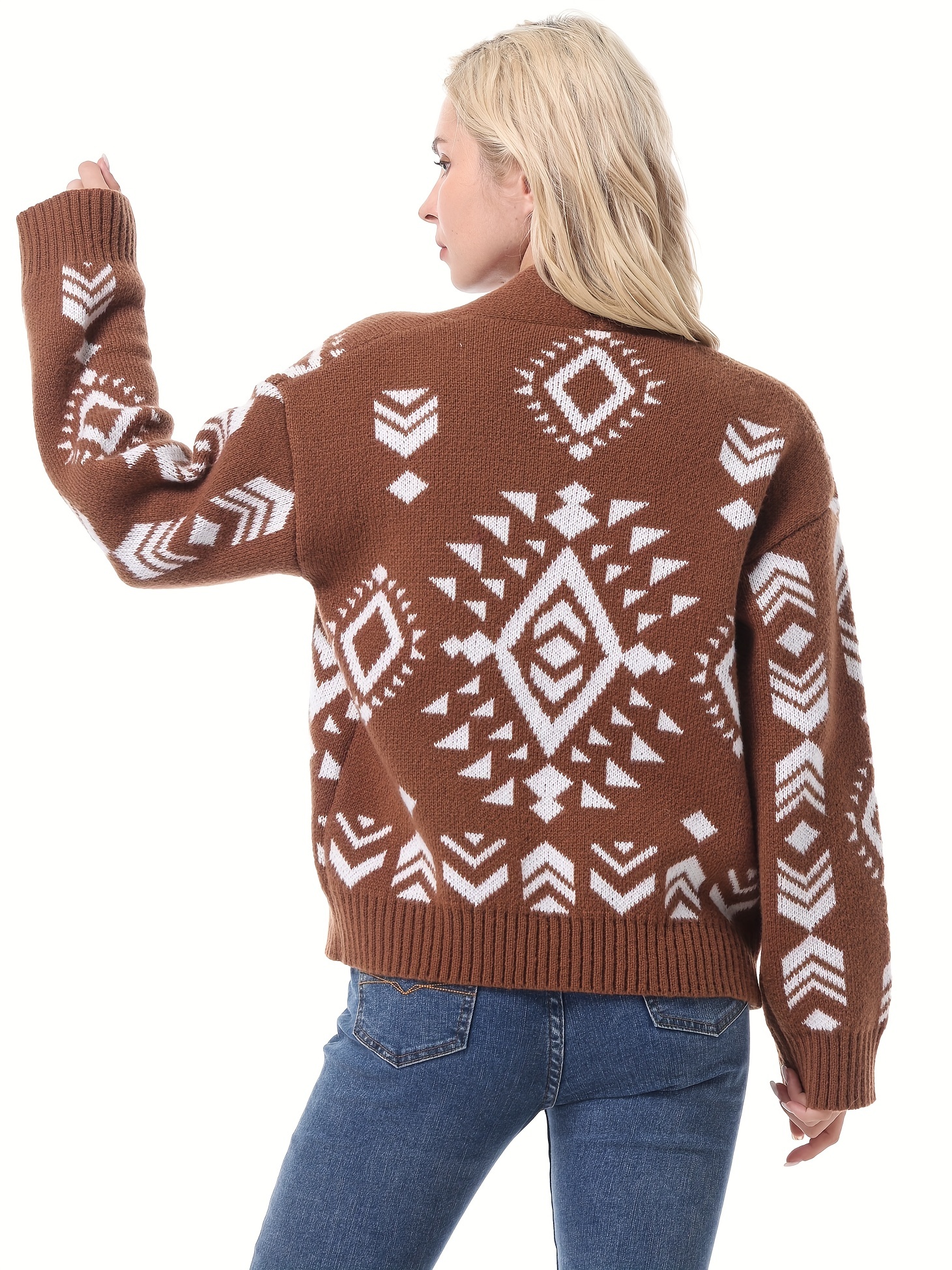 Aztec Print Knit Cardigan, Vintage Open Front Long Sleeve Sweater, Women's  Clothing - Temu