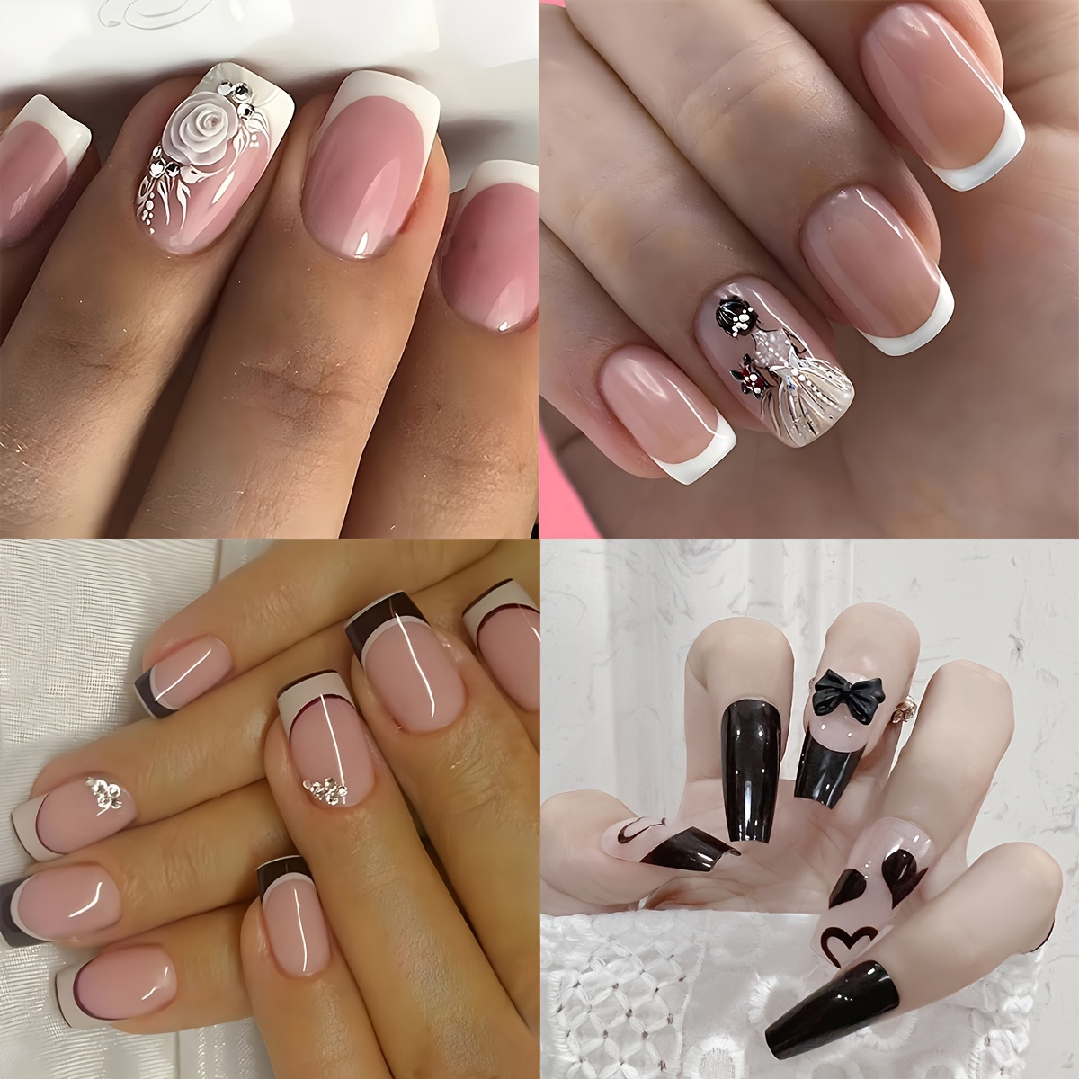 Glossy French Style Fake Nails With Flower Heart And 3d - Temu