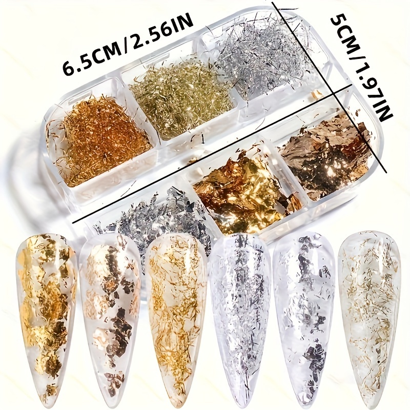  Holographic Glitter Nail Art Foil Flakes 3D Sparkly Aluminum  Foil Flake Sequins Nail Art Supplies Gold Silver Nail Foil Glitter Designs  Irregular Line Strip Nail Glitter for Acrylic Nails (6 Grids) 