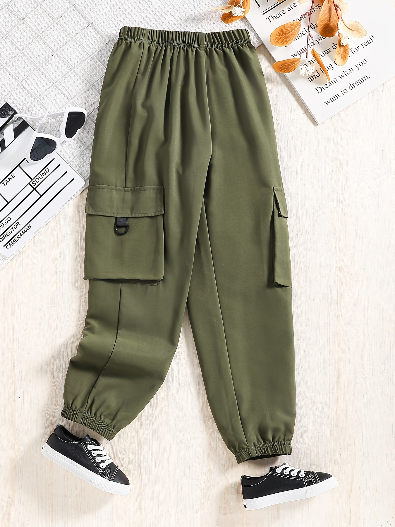 Girl Solid Trendy Side Pockets Cargo Pants Kids Comfy - Temu United Arab  Emirates
