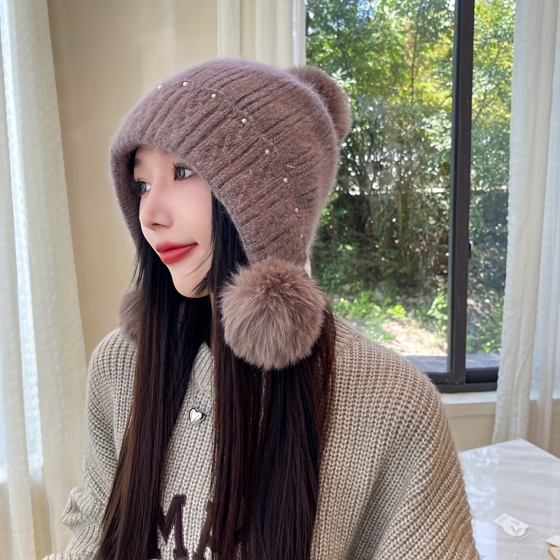 Women Winter Ears Beanie Hat Wool Plush Ear Flaps Ski Snow Hats Knit Fleece  Lined with Pom Pom Thickened Cold Proof (Pink) at  Women's Clothing  store