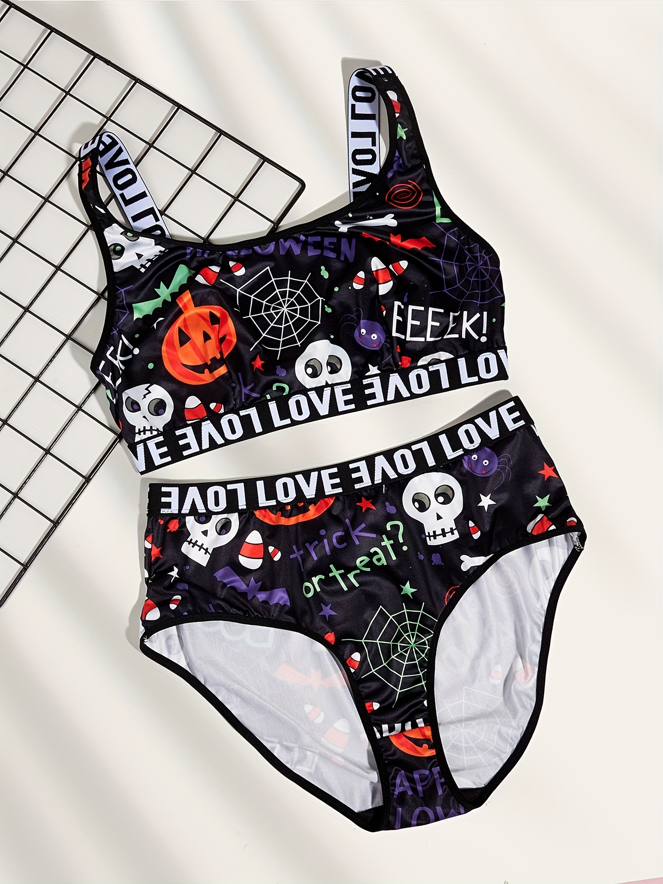 Plus Size Halloween Gothic Underwear Set, Women's Plus Skull & Spiderweb  Print Letter Tape Bra & Panty Underwear Two Piece Set
