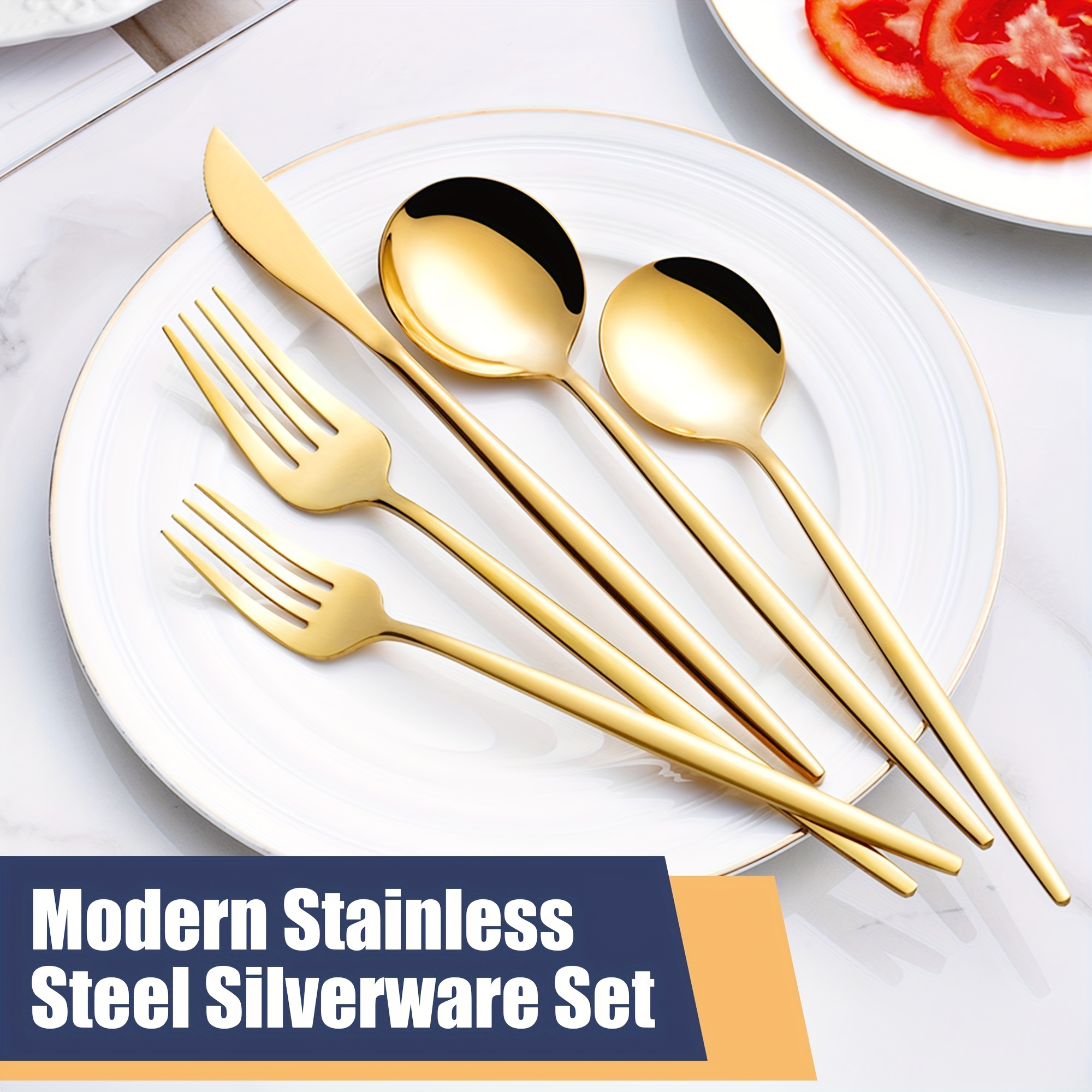 5 Piece Stainless Steel Modern Flatware Eating Utensils Set, Includes  Forks/Spoons/Dinner Knives, Mirror Polished, Dishwasher Safe 