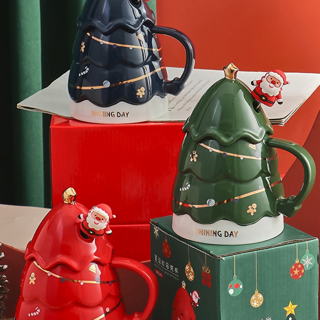 1pc 400ml/13.4oz Ceramic Christmas Mug With Lid, Christmas Tree & Santa  Claus Pattern, Large Capacity Coffee Cup