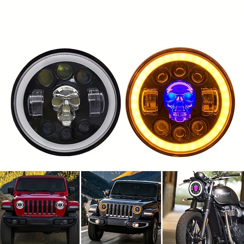 1pc/2pcs 5.7inch Motorcycle LED Skull Headlight, Plug & Play Car Led  Headlight,Colorful Skull Headlights For Wrangler With H4 Adapter